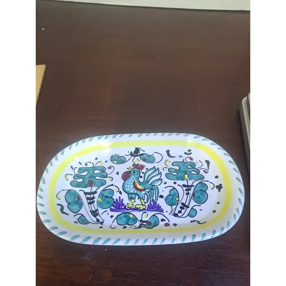 Vintage Sambuco Handpainted Galletto Verde Oval Relish Tray